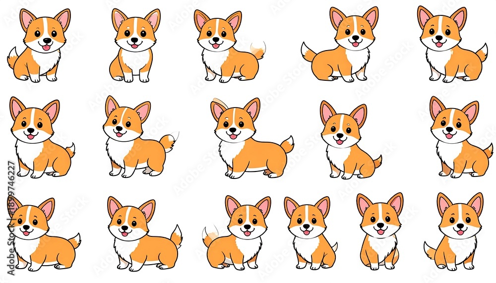 Fototapeta Adorable Corgi Cartoon Collection - A Variety of Cute Poses.