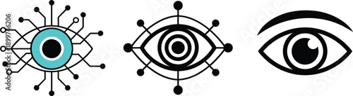 Eye technology vision icons set with digital network surveillance symbols isolated vector illustration for security design