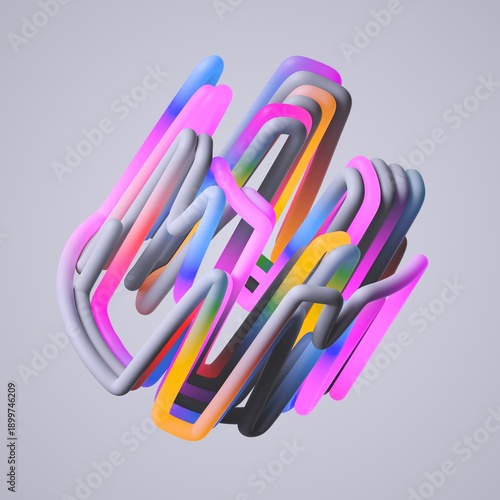 abstract distorted shape made of multicolored tubes, isolated on white background. Unique geometric object, 3d render
