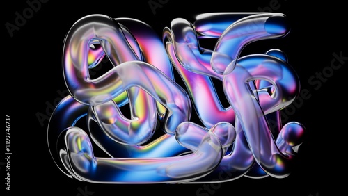 Abstract chaotic structure made of iridescent glass tubes or tangled hoses, isolated on black background. Colorful gradients with holographic effect. Digital 3D illustration