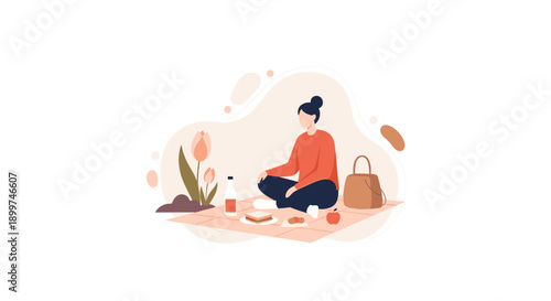 Woman Having a Picnic on a Blanket in a Park with a Sandwich Apple and Drinks in Minimal Vector Illustration Style Representing Spring Leisure and Outdoor Relaxation, Generative AI.