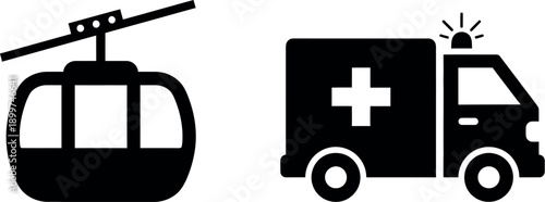 Contrast between a cable car and an ambulance vehicle icons