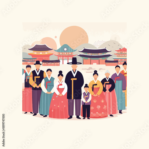 south korea cultural heritage day people in traditional clothes flat vector