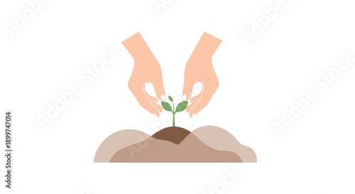 Close-Up of Human Hands Planting a Small Green Sprout into Garden Soil in Soft Minimal Illustration Style Representing Growth Care and Environmental Protection Concept, Generative AI.