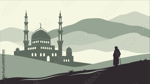 Silhouette of mosque with minarets and person in landscape