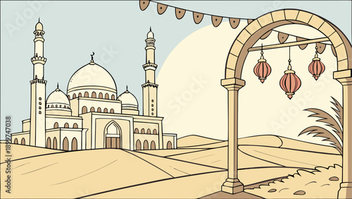 Vibrant cartoon landscape with mosque and hot air balloon