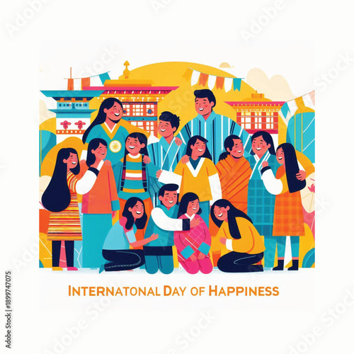 bhutanese people celebrating happiness day flat vector illustration
