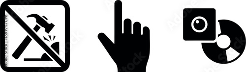 Icons representing prohibited actions, hand gesture, and media storage on black background