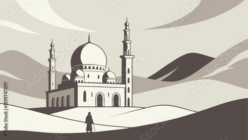 Minimalist mosque in desert landscape with silhouette