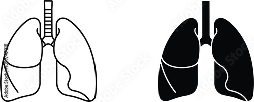 Human lungs respiratory system illustration set featuring a minimalist line art outline and a solid black silhouette icon.