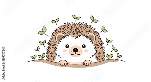Adorable Cartoon Hedgehog Peeking Out From Underground Burrow Surrounded By Small Green Sprouts And Leaves In Charming Spring Wildlife Illustration For Children Decor, Generative AI.