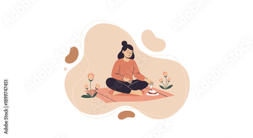 Young Woman Enjoying Peaceful Picnic On Pink Mat With Small Cake And Flowers In Minimalist Outdoor Park Setting With Soft Pastel Colors And Tranquil Morning Atmosphere, Generative AI.