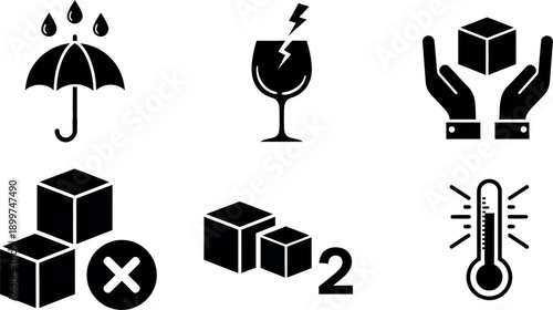 Collection of icons representing weather, prohibition, quantity, and temperature themes