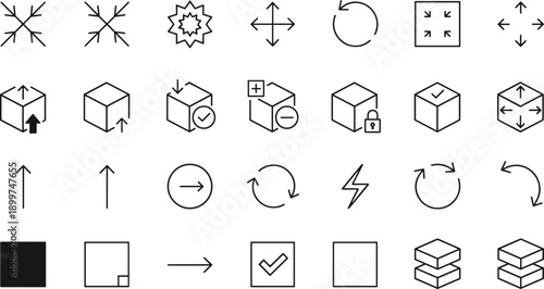Interface action icons set with arrows boxes symbols isolated line vector illustration for ui ux design systems apps