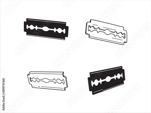 Four different razor blade designs in black and white illustration style