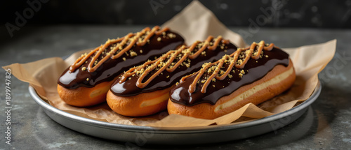 Delicious chocolate covered pastries topped with creamy peanut butter drizzle and crushed nuts, perfect for dessert lovers