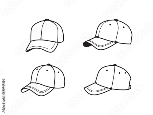 Four Different Styles Of Baseball Caps Illustrated In Line Art