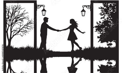Romantic couple silhouette holding hands in a park with street lamps and water reflection