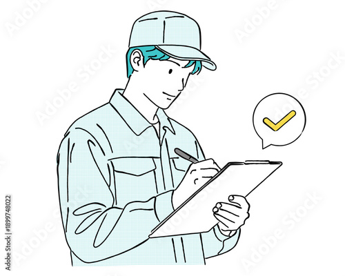 チェックリストを確認し記入する作業員の人物線画｜配送・検品・確認業務
