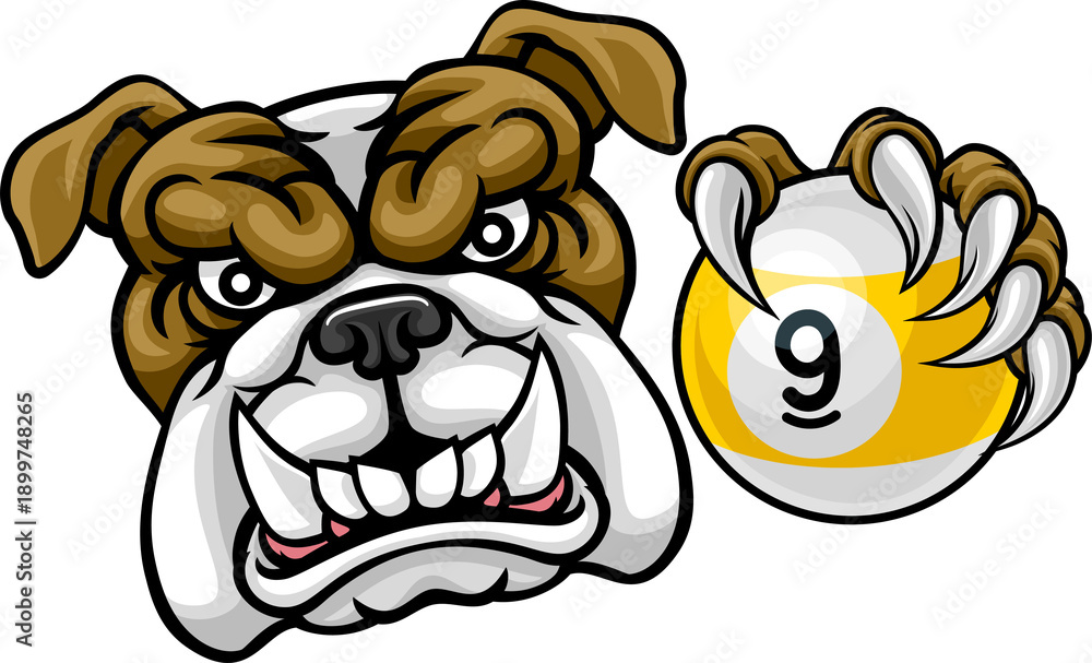 Fototapeta premium Bulldog nine ball pool sports mascot holding a 9 ball cartoon illustration