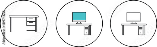 Minimalist office workspace icon set featuring a computer desk, monitor, and PC tower for interior and productivity concepts.