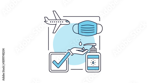 Air travel safety and hygiene with mask, sanitizer, and checkmark