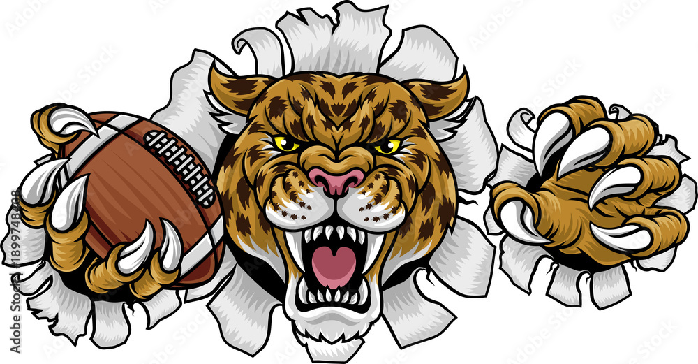 Fototapeta premium A jaguar, panther, leopard or cheetah wildcat spotted cat American football sports team mascot holding a ball