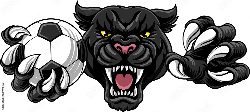 Fototapeta premium Black panther leopard or jaguar cat soccer football sports team mascot holding a ball