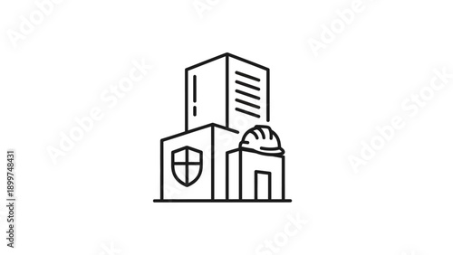 Construction city buildings with safety helmet and shield icon