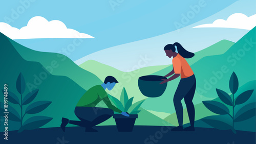 Outdoor adventure with campers and scenic landscape