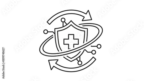 Digital medical health protection shield icon with arrows circuit