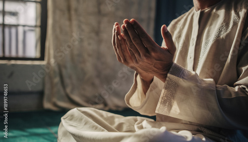 A devout individual sits in a tranquil setting, hands clasped in prayer, embodying deep spiritual reflection and a moment of peaceful devotion