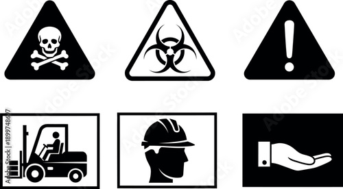 Safety symbols and equipment icons for hazard awareness and workplace protection