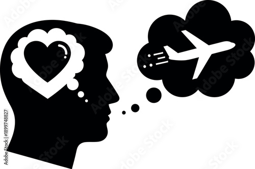 A person's thoughts taking flight with a heart symbolizing love and dreams.