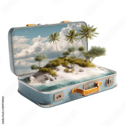 A blue suitcase with a tropical scene inside