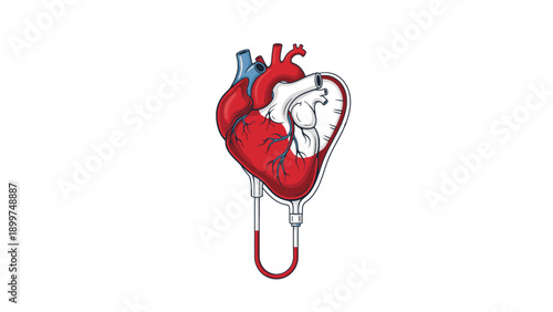 Anatomical Heart Connected to Infusion Bag Illustration for Cardiac Transfusion Therapy and Clinical Blood Management