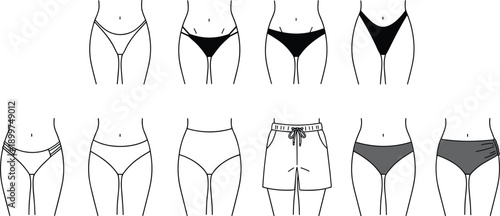 Women's underwear and swimwear style collection featuring various bikini cuts, high-waisted briefs, and athletic shorts outlines.