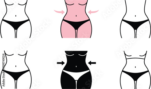 Weight loss and waist slimming illustration set featuring female body silhouettes with arrows for fitness and dieting concepts.