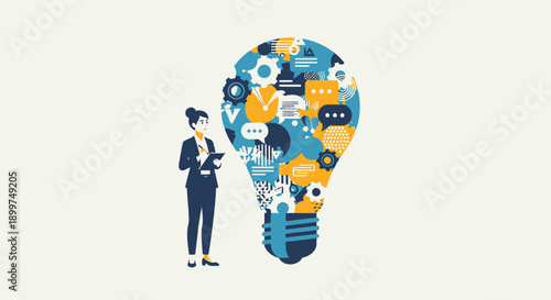 Vector illustration of businessperson with creative idea lightbulb, icons and symbols inside, for presentation or website
