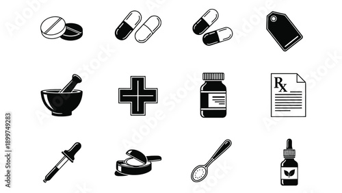 Pharmacy Icon Pack with Medicine Bottles Pills Mortar and Prescription Symbols for Pharmacy Operations and Medication Safety