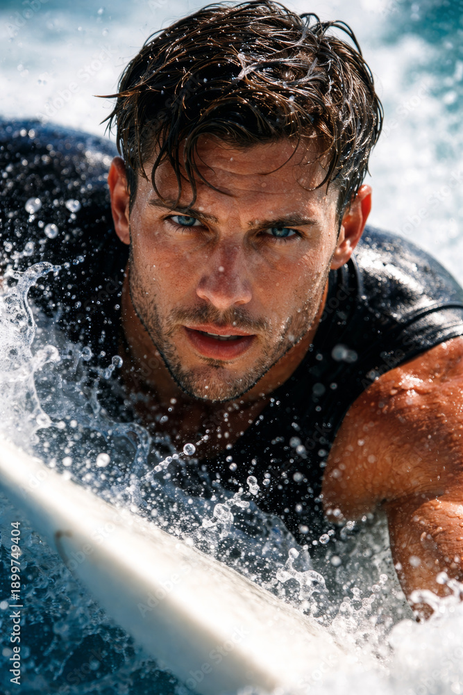 Fototapeta premium Determined young man surfing with strong focus and energy