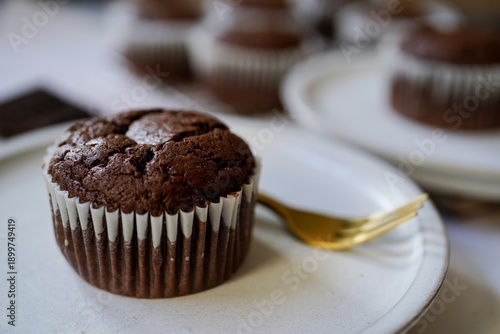Homemade Chocolate Brownie Muffins, selective focus
