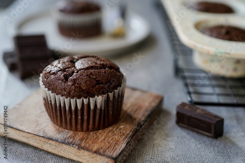 Homemade Chocolate Brownie Muffins, selective focus