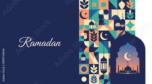 A colorful ramadan background with geometric patterns and a mosque