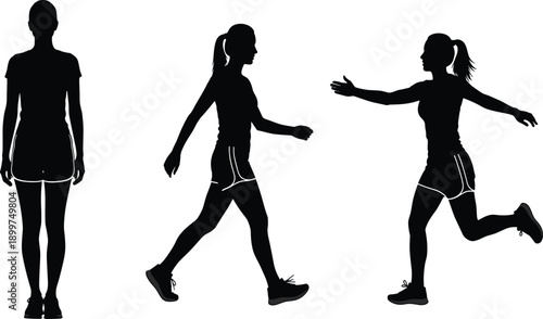Woman fitness silhouette vector set with female athlete standing walking and running poses isolated on white background for lifestyle design.
