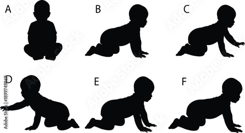 Baby crawling and sitting silhouette vector set with diverse infant poses isolated on white background for motherhood and childcare design.