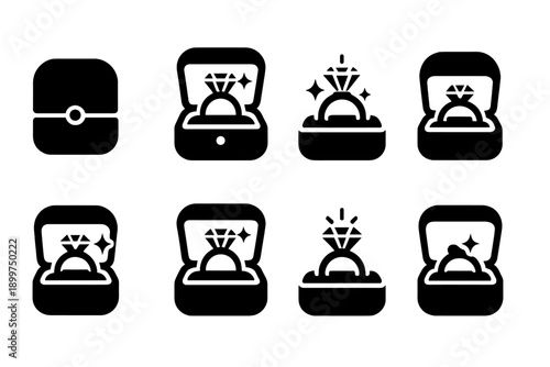 Proposal Ring Icons. Proposal ring box. Filled icon set of Proposal ring box: hinged box, open case, solitaire
