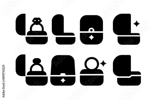 Ring Box Icon Set. Ring presentation box. Filled icon set of Ring presentation box: presentation lid, diamond