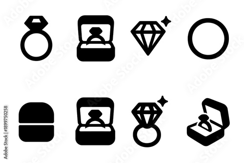 Engagement Icons Grid. Engagement moment. Filled icon set of Engagement moment: ring icon, open lid box, large