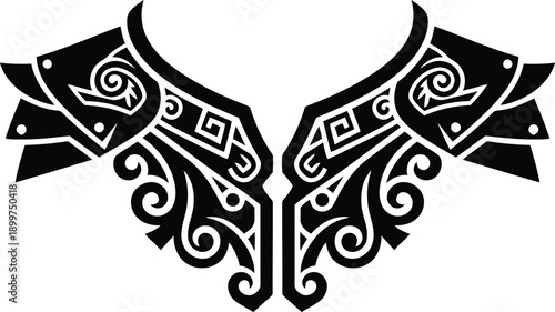 Tribal wings neckline vector design with polynesian swirl patterns and geometric shapes for shoulder tattoo art.